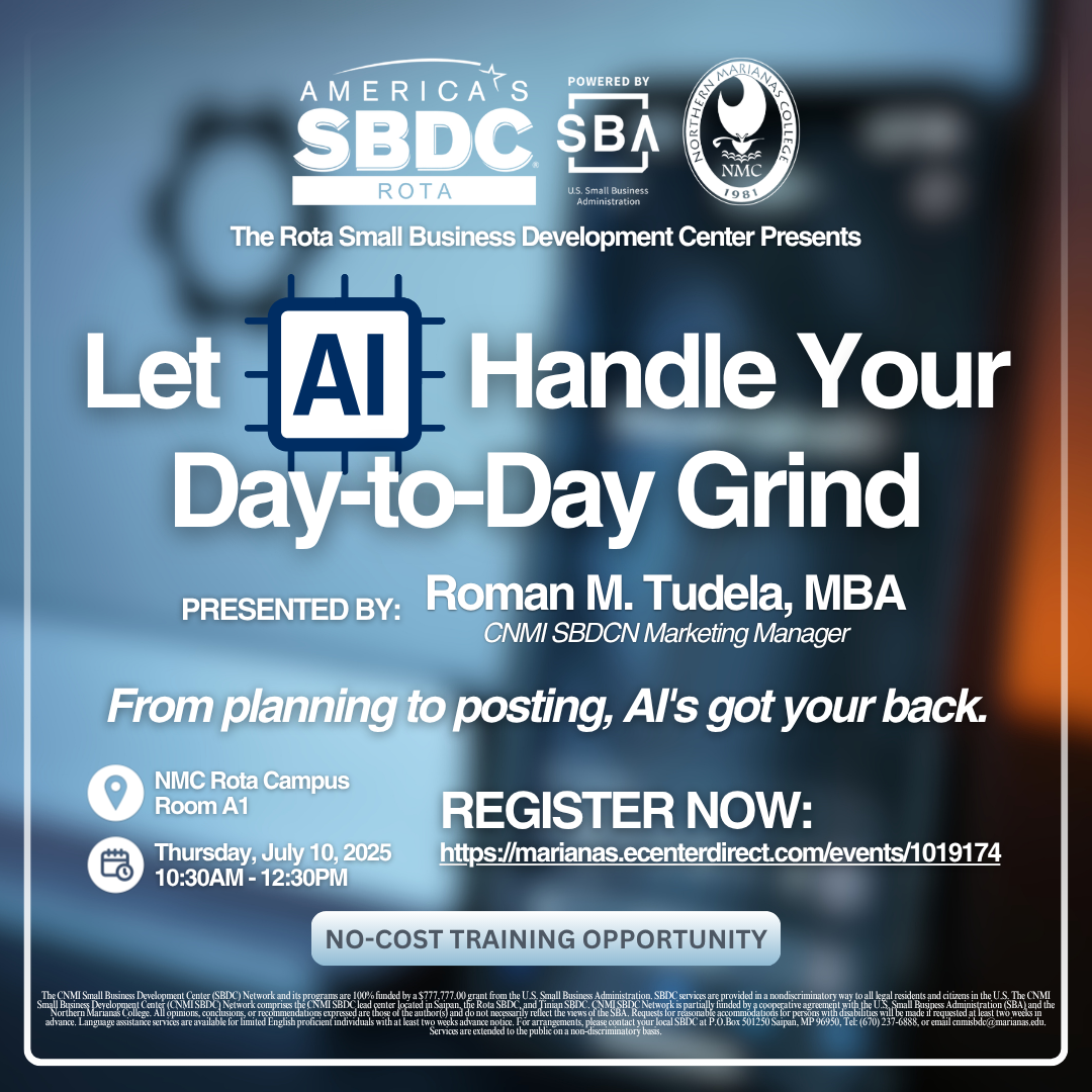 Rota SBDC to host exclusive AI training for small business owners | Local News 2 CNMI SBDCN Flyers - Rota AI Training